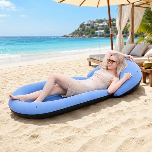 ROUSKY Inflatable Beach Mat with Pillow Portable Flocked Beach Lounger with Raised Edges Sand-Free Sunbathing Mat for Beach Poolside Camping Picnic and Outdoor Relaxation 70 x 29 Inch(Blue)