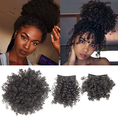 Afro Puff Drawstring Ponytail with 2 Replaceable Bangs Afro High Puff Bun with one Afro Puff Bangs and Spring Curl Bangs Clip in Hairpieces Pineapple Hair Ponytail with Bangs (#2 Natutal Black)