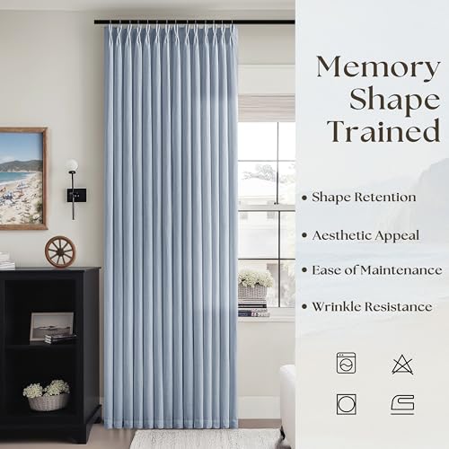 Image of Dusty Blue Pinch Pleated Semi Sheer Linen Curtains 120 Inch Length