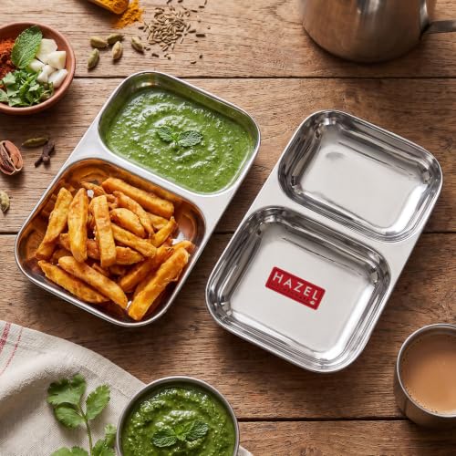 Image of HAZEL Stainless Steel Divided Plate 2 Compartment Set of 2 | Vada Pav Plate