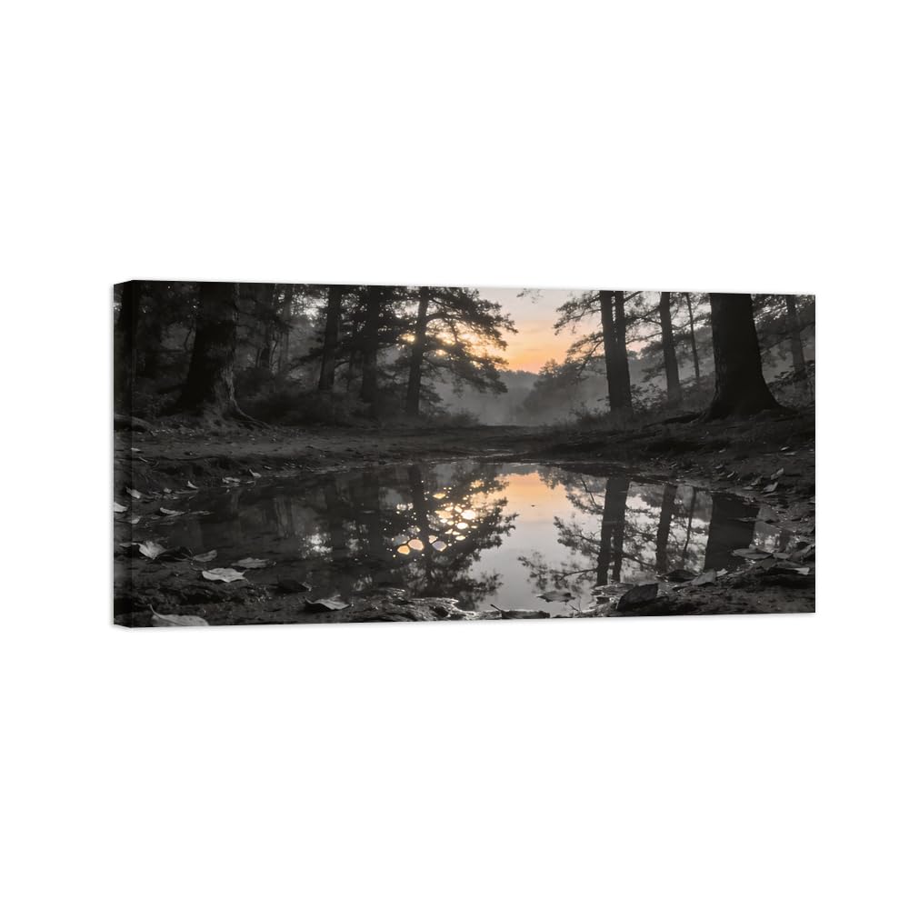 OZPWBVY Black and White Landscape Print Painting-Tree Lake Sunrise-Minimalist Canvas Wall Art Picture for Home Ready to Hang 24x47in 60x120cm Wrapped Canvas