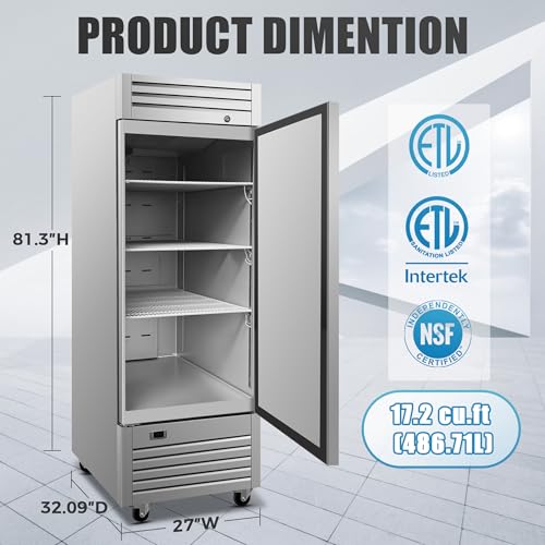 Image of Commercial Upright Reach-in Refrigerator, ETL 1 Door Fridge Cooler Merchandiser, 27.5 inch W 17.7 cu. ft. Auto-Defrost, Stainless Steel Restaurant Kitchen AKR-06881