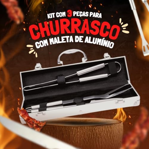 Kit Churrasco 3 Peças Em Aço Inox E Maleta De Alumínio Com Alça Conjunto Faca Pegador E Garfo Para C