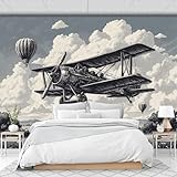 3D Fototapete Flugzeug Fliegt Über Felder, Retro-Illustrationsstil Tapeten Wanddekoration, Grau Tapete Seide Für Mädchen Und Jungen Schlafzimmer Kinderzimmer Wand 400x280cm