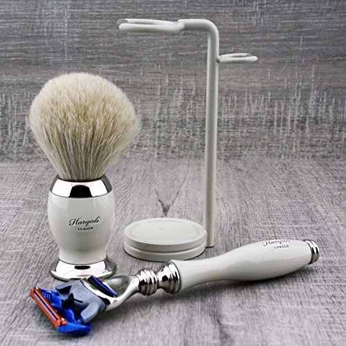 Haryali London, Set completo da barba per uomo: rasoio a 5 lame, pennello da barba Badger e supporto per rasatura a umido, elegante kit per la cura della persona da uomo - Bianco perla