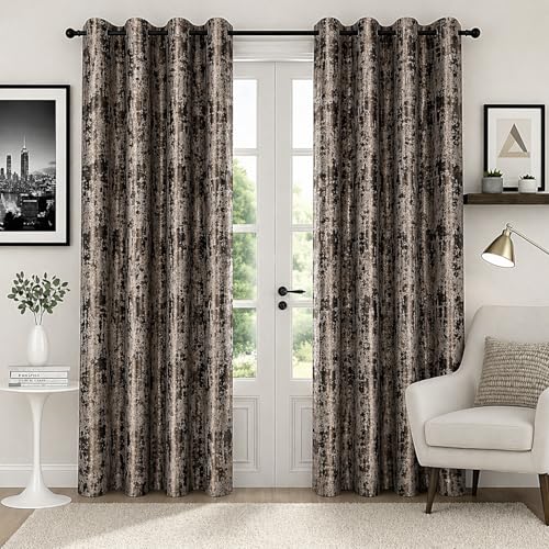 Image of HUTI Home Brown Room Darkening Door Curtain | Heavy Knitted Jacquard Look Polyester Eyelet Curtain with Texture Print | 7 Feet (120 x 213 cm) | Set of 2