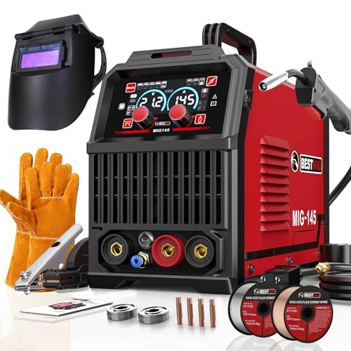 BESTMIG 145A 4-in-1 Multi-Process Welder, 110V/220V MIG/TIG/MMA/Stick Welding Machine, Gas & Gasless Flux Core Welder with Synergy IGBT Inverter, Includes Welding Helmet & Gloves