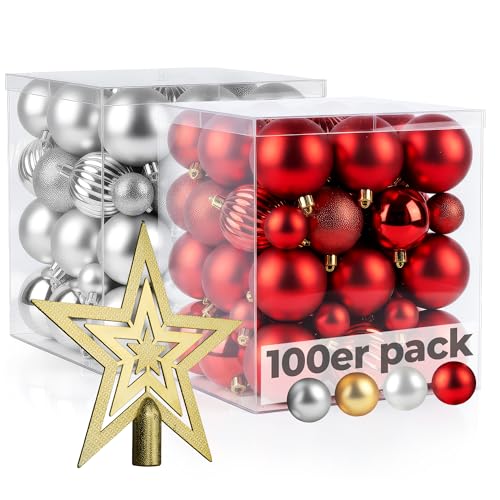 Menz Weihnachtskugeln 101er Rot & Silber mit Glanz Matt Glitter 3 4 6cm inklusive Sternspitze hochwertige Christbaumkugeln perfekte Weihnachtsdeko für jeden Baum