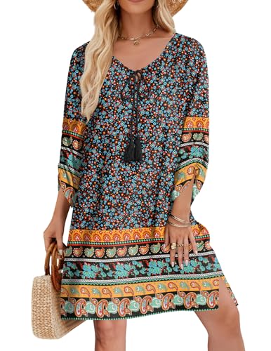 Image of Zeagoo Womens Boho Dresses Casual Beach Summer Dress Tassel Tie Neck 3 /4 Long Sleeve Mini Sundress 2025 Floral Print Cover Up