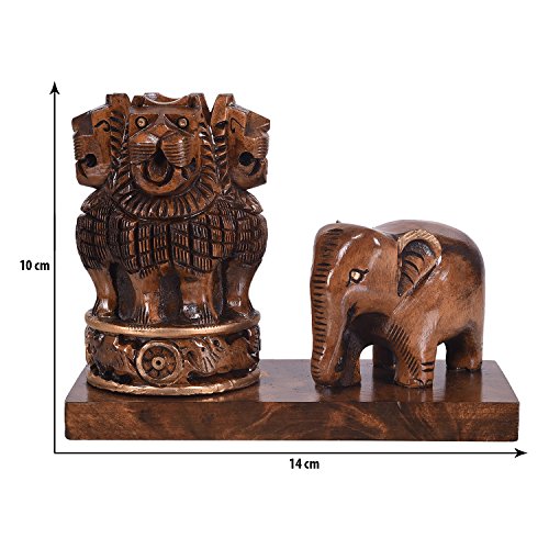 Image of Craft Trade 14x10 Cm Wooden Pen Stand with Ashok Stambh Pillar and Elephant Statue - Brown