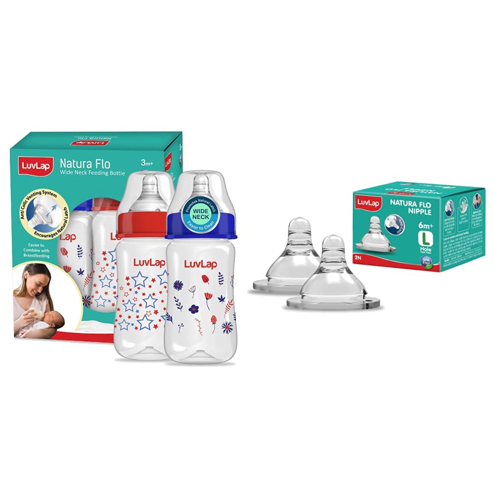 LuvLap Wide Feeding Bottle 250 ml, Pack of 2 & Wide Nipple Fast Flow, 2 Pcs