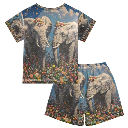 ALAZA Elephant Sky Flower Pajamas Set Short Sleeve Cotton Sleepwear Summer Pjs 2 Piece 5-14Y2
