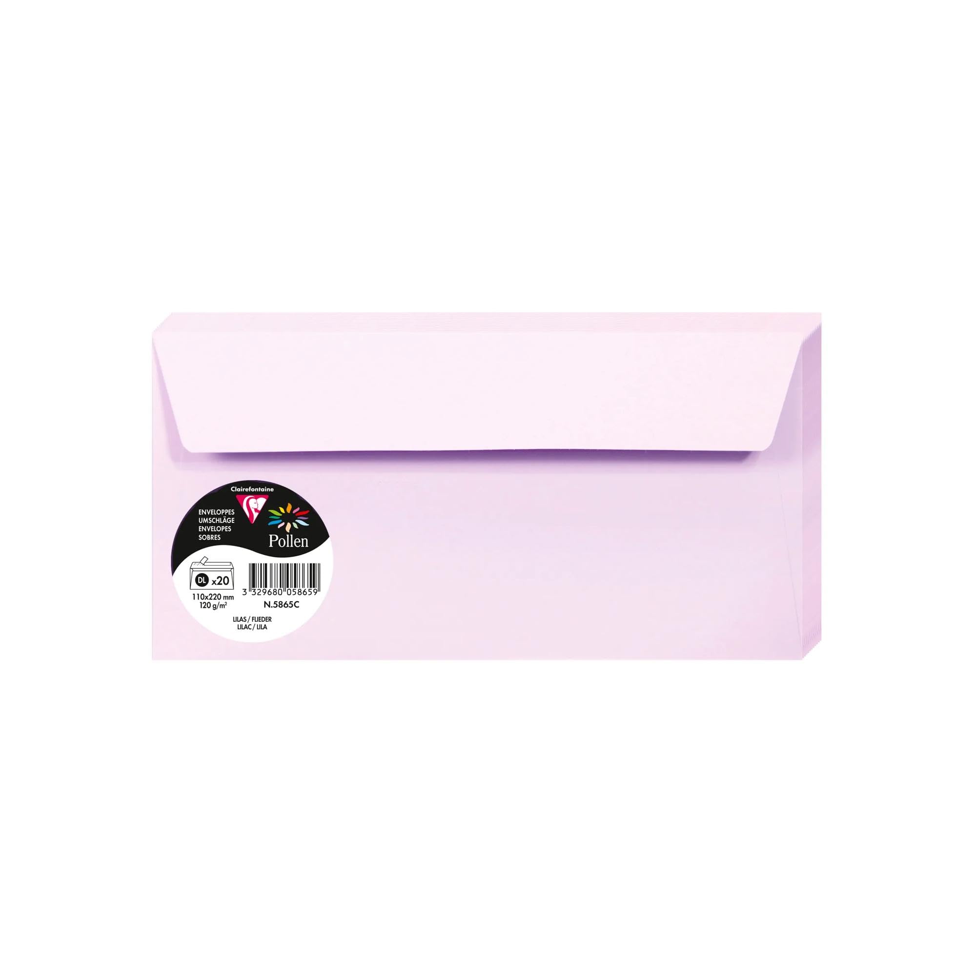 Clairefontaine 5865C Pack of 20 Self-Adhesive Envelopes Format DL 11x22cm 120gsm colour Lilac Invitation Events Correspondence Pollen Range Premium Paper