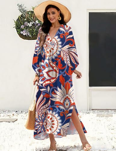 Image of MAKABO Kaftan Dresses for Women, V Neck Moo Moos Colorful Print Cover Ups Caftan Beach Dresses for Swimwear