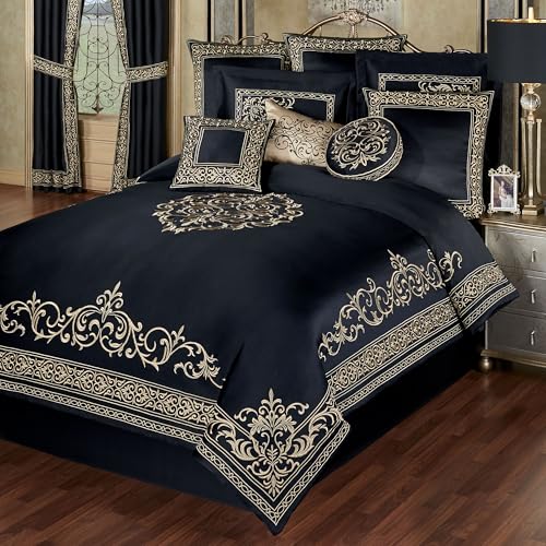 Touch of Class Kensington Luxury Bedding | Classic Black | Palace-Inspired Golden Scrollwork Embroidery on Sateen | Designed 4 Piece Set Includes Queen Comforter, Bedskirt, and 2 Standard Shams