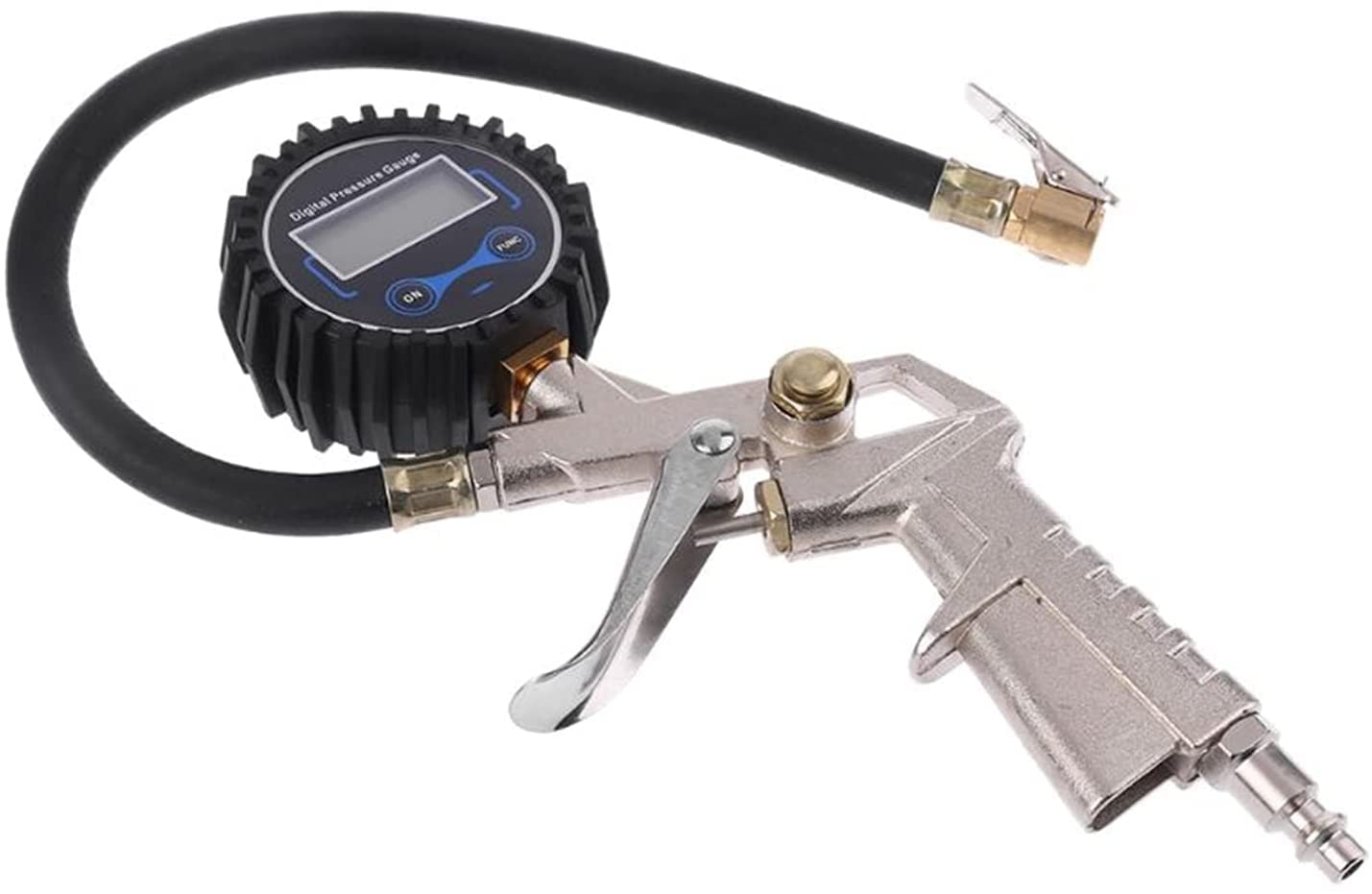 Gonfiatore Digitale per Pneumatici con manometro, Tubo Flessibile e Clip per mandrino Adatto per Auto, Moto, Bici