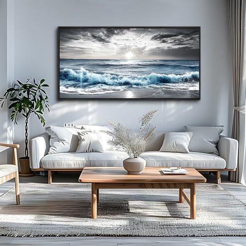 KELIYUAN Wall Decor For Living Room Canvas Wall Art For Bedroom Office Black And White Pictures Beach Wave Scenery Murals Artwork For Modern Stretched and Framed Beach Posters Home Decor 20"X40"