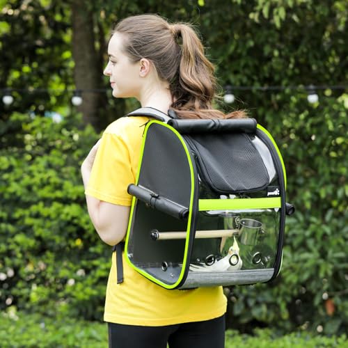 pecute Rucksack für Vögel mit Holzstab, Leichte Träger Vogel Transporttasche, wasserdichte Papageien Reiserucksack mit Edelstahl-Tablett und Stehstange, Transportbox Vogel, 34 x 28 x 43cm