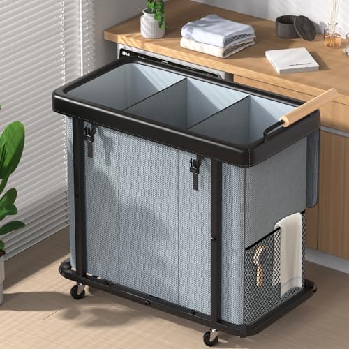 60 Gal (230L) Laundry Hamper 3 Section with Lid, Leather Patchwork Laundry Sorter with Rolling Lockable Wheels and Handle, Laundry Basket Organizer for Laundry Room, Bedroom and Bathroom - Gray