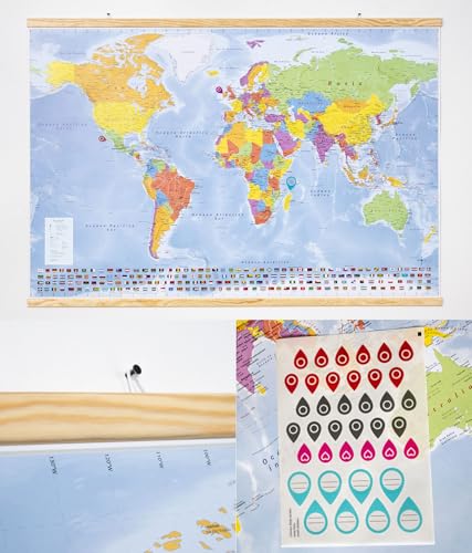 GeoMetro Mapa del mundo (en español), 70x100 cm, póster laminado, con banderas, con listones de madera para colgar + hoja de pegatinas