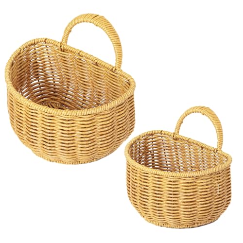 Cestas de pared tejidas a mano, juego de 2, organizadores de almacenamiento para cocina y sala de estar con asas para colgar