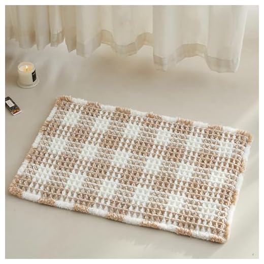 TYUU Waffle Bath Mat, Boho Bathroom Rugs Non Slip Washable Absorbent Checkered Bathroom Mat Quick Dry Farmhouse Bathroom Decor, 24"x16" Khaki and White