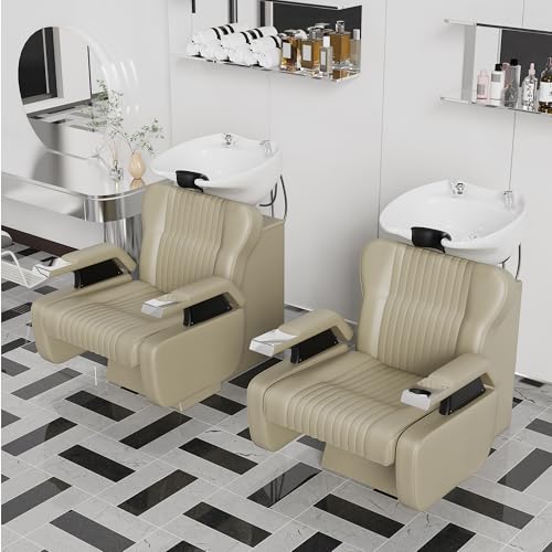 Image of Shampoo Backwash Unit, Barber Backwash Chair, Shampoo Bowl and Chair Set for Salon, Salon Hair Washing Station with Ceramic Shampoo Bowl (Beige)