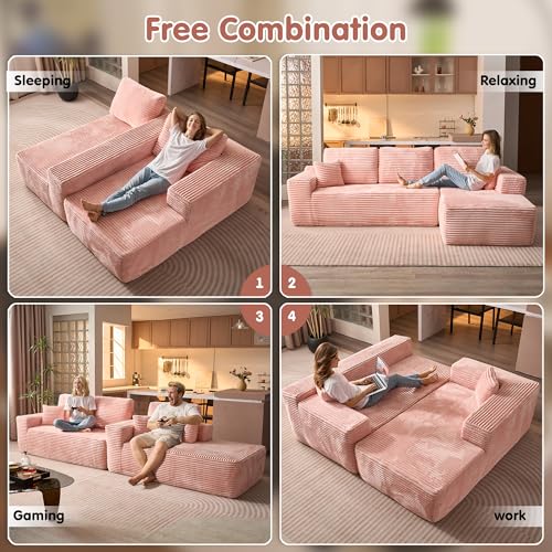 ovios 104" Cloud Sectional Couch with L-Shape Chaise,Modern Modular Sofa with Deep Seat, Upholstered Couches for Living Room Bedroom,No Assembly Required, Pink (Plush Corduroy Fabric)