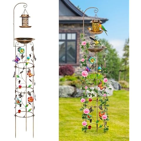 Tfro & Cile Bird Bath Feeder with Plant Trellis for Climbing Flowers Metal Butterfly Bird Bath Bowl Solar Outdoor Bird Feeder Detachable Yard Decoration Garden Plant Support Antique Iron Cover