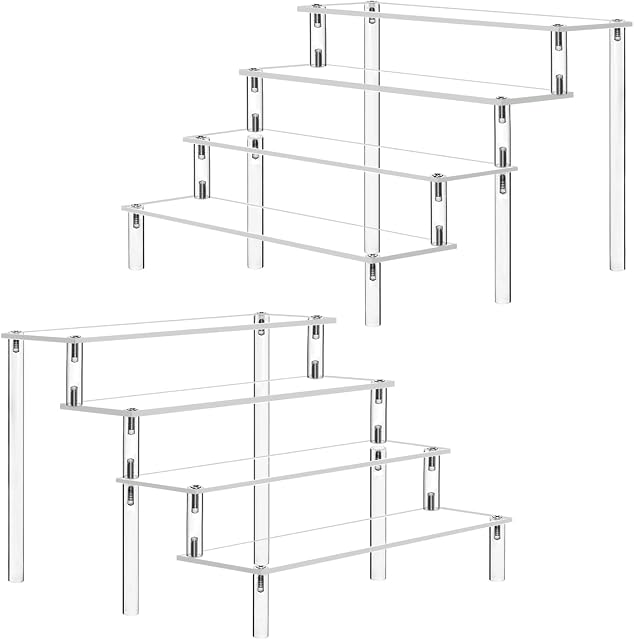 Acrylic Riser Clear Display Risers Stand Cologne Organizer Acrylic Shelves 4 Tier Shelf for Amiibo Funko Figures Toys Cupcake Food Desserts Perfume Collection Cosmetic Jewelry Makeup Product(2 PACKS)