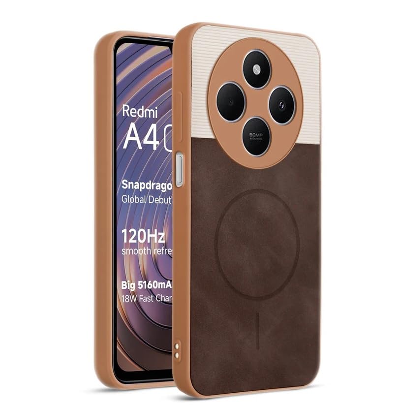 Image of Bintage CASE Mac Safe Design Hard Light Weight Back Case | Soft Border Camera Protect | Dual PU Leather Finish Back Cover Compatible for Mi Redmi A4 5G - White & Cherry Brown