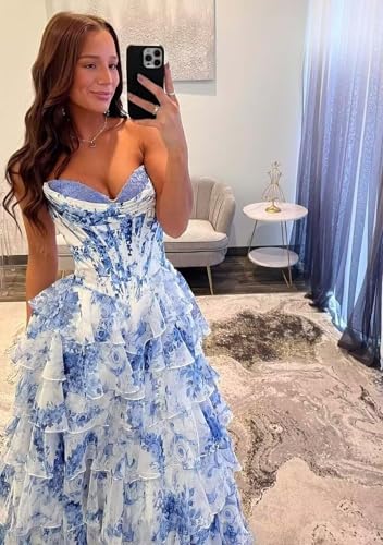 Ruffle Prom Dress Corset Tiered 2025 Strapless Long Chiffon Formal Evening Gown with Slit2