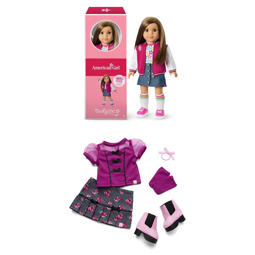 Bundle of American Girl, Truly Me 18-inch Doll #107 with Brown Eyes, Straight Brown Hair, Light-to-Medium Skin, for Ages 6+ + Truly Me 18-inch Doll Outfit, Bows &amp; Blooms Outfit, for Ages 6+