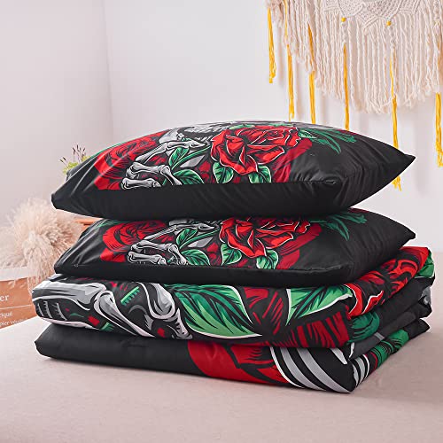Btargot 3Ps Skull Rose Heaphone Music Flora Comforter Sets, With 2 Pillow Shams, Rose Bones Skeleton Decor Bed Spread, Queen Size #TOP6