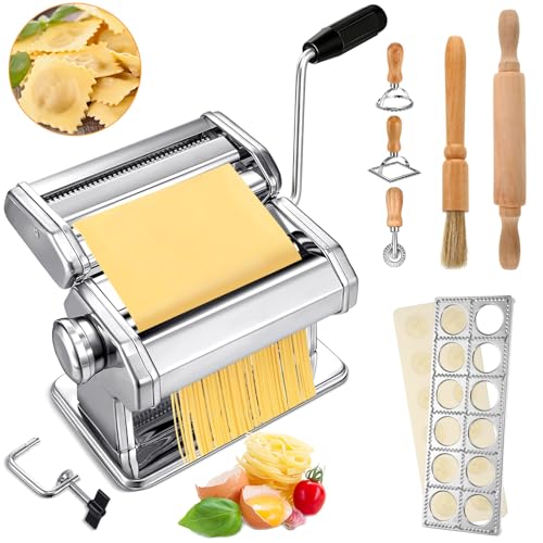 Hushee 8 Pcs Pasta Maker Machine Set Including Stainless Steel Noodle Maker Machine Wood Pasta Drying Rack Ravioli Stamp Maker Cutter with Pasta Cutter Wheel Mini Rolling Pin Cleaning Brush