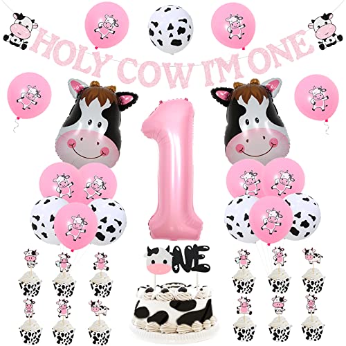 Cow Party Decorations Holy Cow Im One Birthday Decorations Banner for Girl Cow Print Latex Cow Head Number One Foil Balloons Pink Cow Cake Cupcake Toppers for Farm Animal 1st Birthday Party Supplies
