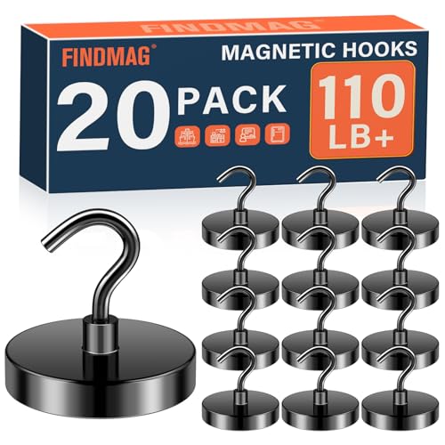 Image of FINDMAG Black Magnetic Hooks, 110LB+ Magnet Hooks for Fridge, 20 Pack