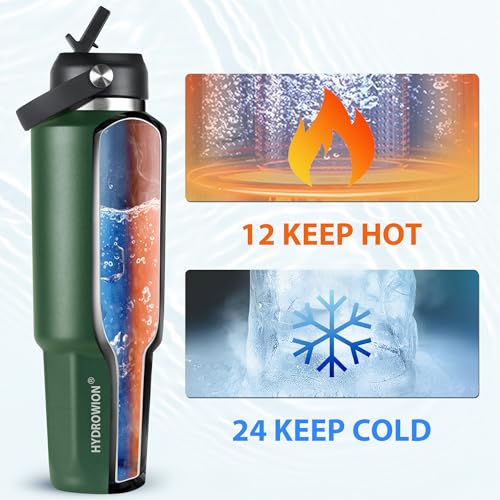 Image of HYDROWION 32 oz Insulated Water Bottle, Car Water Bottle Holder - Double Wall Vacuum Insulated Travel Bottle with Straw Lid, Spout Lid and Flex Cap - Cold for 24H, Hot for 12H, Olive