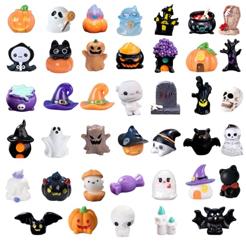 Bellaboro 40pcs Halloween Mini Resin Figures 40 Styles, Cute Tiny Resin Figures Pumpkin Ghost Skull Miniatures Bulk for Halloween Party Favors Bag Fillers Dollhouse Decor