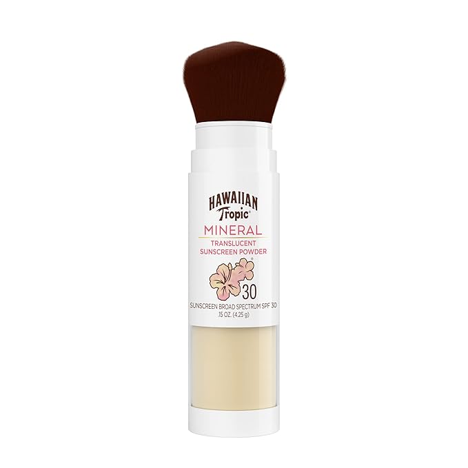 image is of Hawaiian Tropic mineral powder sunscreen. Top of the container is a powder brush, then the tube is half white and have translucent where you can see the yellowish powder inside.
