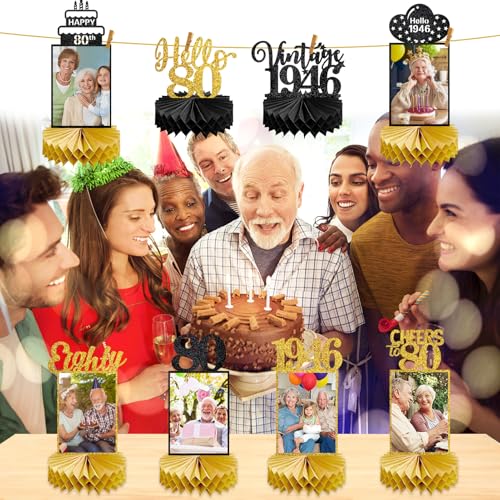 Image of Eucutur 8Pcs 80th Birthday Decorations Honeycomb Centerpieces for Women Men, Black Gold Vintage 1946 80th Bday Photo Table Centerpieces Party Supplies, Glitter Cheers to 80 Year Old Bday Table Topper