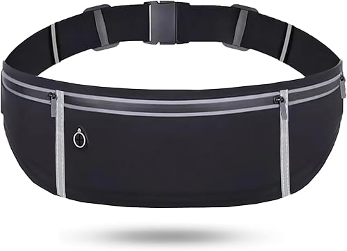 Cangurera delgada para correr, riñonera reflectante, cinturón de dinero, soporte para teléfono para correr, trotar, viajar, negro (BlackBlack