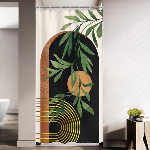 Image of Riyidecor Small Stall RV Boho Black Brown Shower Curtain Narrow Mid Century Abstract Modern Arch Leaves Sun 36Wx72H Inch Geometric Minimalist Fabric Decor Bathroom Polyester Waterproof Hooks
