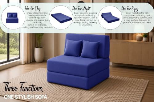 Image of Sofa Cum Bed with Jute Fabric, Convertible One Seater Sofa Bed 3x6 Ft, Comfortable Cushioned Seating, Space Saving Design for Living Room, Bedroom & Guest Room - Blue Color