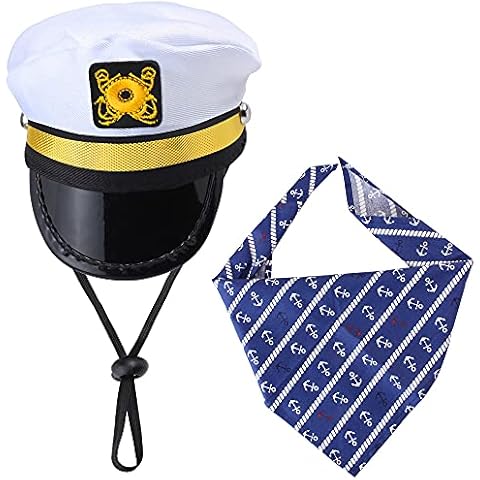Yewong Pet Captain Sailors Costume Set Dog Cat Sea Captain Hat with Pet Anchor Triangle Bibs Scarf for Cat Puppy Navy Halloween Cosplay Costume Accessories Photo Props (White-A) Cover