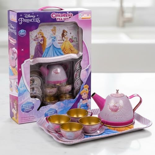 Image of Disney Princess 14-Piece Tin Tea Set for Girls - Portable Fantasy Tea Party Set with Teapot & Cups - Safe & Durable Metal Pretend Play Learning Toy|Birthday Gift for Kids Ages 3+ (Pink)