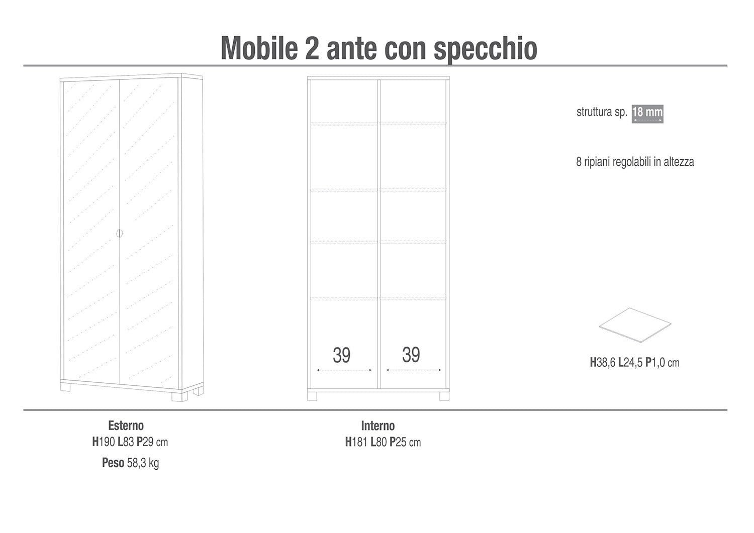 Bonussi Armadio Multiuso 2 Ante con Specchio 83x190x29 cm Ossido Nero