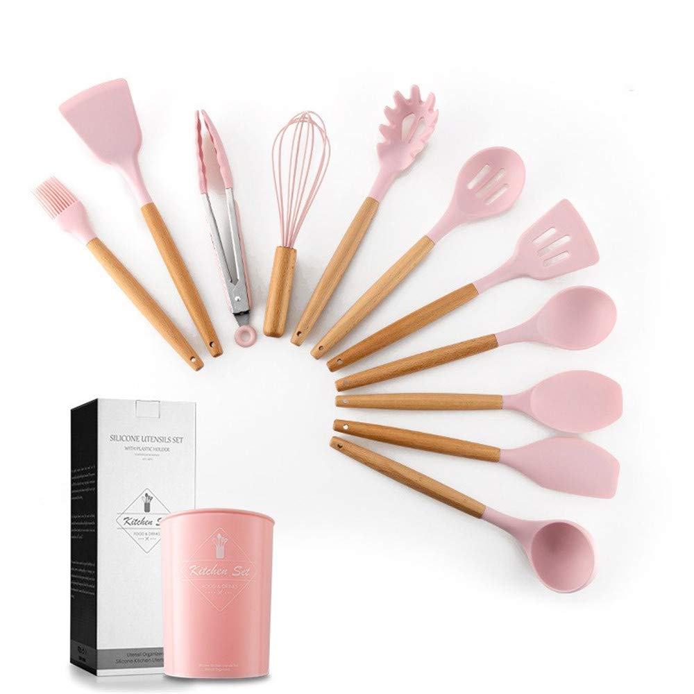 11pcs ustensiles de cuisine en silicone ensemble ustensiles de cuisine antiadhésifs résistants à la chaleur avec poignées en bois pour restaurant commercial et maison