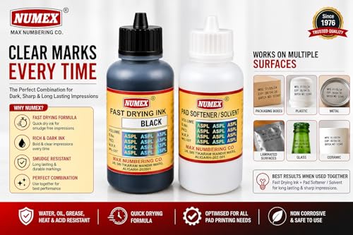 Image of NUMEX Gold Black Ink & Pad Softener Set | Quick Dry, Industrial Ink with Softener for Smooth Pad Maintenance (100ml) Black