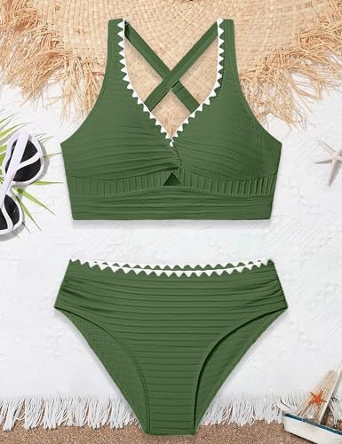 Image of Oranchids Girls Swimsuit Solid Color Textured Bikini Set Contrast Trim Bathing Suit 2 Piece Swimwear Adjustable Straps 9-16T